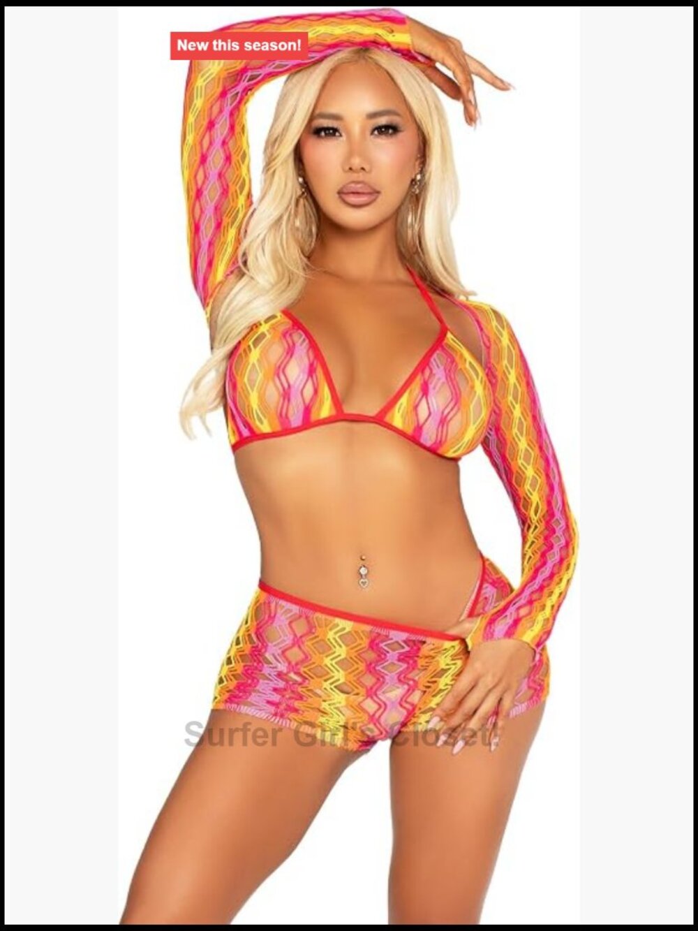3 PC Zig Zag Net Bikini Top, Boyshorts & Shrug - Fishnet Rave Outfit